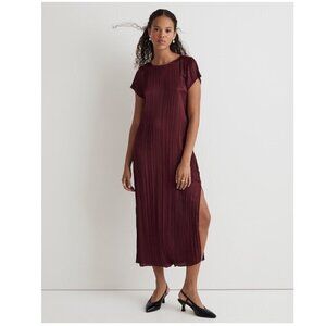 Madewell Short-Sleeve Slip Midi Dress in Plisse Mulberry Wine Size S NWT